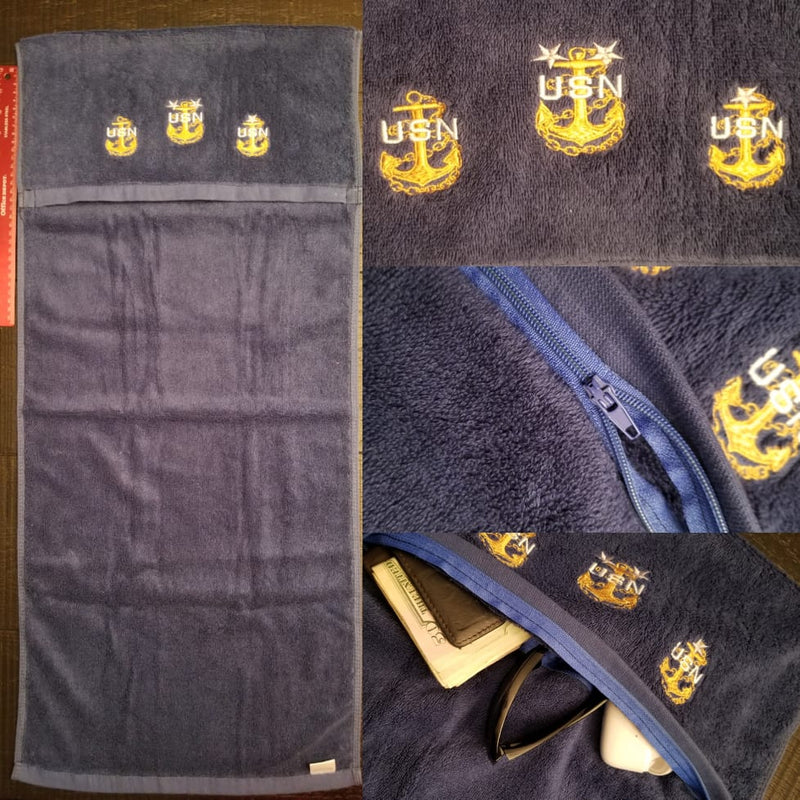 Tri-Anchor Embroidered Gym Towel (with Zipper pouch)